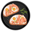 Smoked salmon bruschetta with egg topping on a round plate isolated