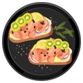 Smoked salmon bruschetta with kiwi topping on a round plate isolated Royalty Free Stock Photo