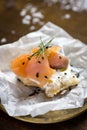 Smoked Salmon Canape with Cream Cheese, Fresh Dill and Black Sesame. Finger Food. Royalty Free Stock Photo