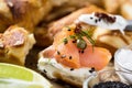 Smoked Salmon Canape with Cream Cheese, Fresh Dill and Black Sesame. Finger Food. Royalty Free Stock Photo