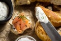 Smoked Salmon Canape with Cream Cheese, Fresh Dill and Black Sesame. Finger Food. Royalty Free Stock Photo