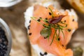 Smoked Salmon Canape with Cream Cheese, Fresh Dill and Black Sesame. Finger Food. Royalty Free Stock Photo