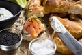 Smoked Salmon Canape with Cream Cheese, Fresh Dill and Black Sesame Royalty Free Stock Photo