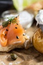 Smoked Salmon Canape with Cream Cheese, Fresh Dill and Black Sesame Royalty Free Stock Photo