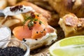 Smoked Salmon Canape with Cream Cheese, Fresh Dill and Black Sesame Royalty Free Stock Photo