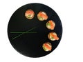 Smoked salmon canapes with cheese cream and dill served on black slate platter Royalty Free Stock Photo