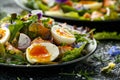 Smoked salmon and jammy soft-boiled free range egg and capers salad with edible borage and pansy flowers