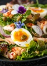 Smoked salmon and jammy soft-boiled free range egg and capers salad with edible borage and pansy flowers