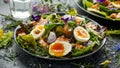 Smoked salmon and jammy soft-boiled free range egg and capers salad with edible borage and pansy flowers