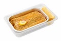 Smoked salmon in a plastic tray isolated on white Royalty Free Stock Photo