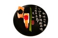 Smoked salmon and prawn sushi, Japanese plate.