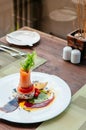 Smoked salmon salad with balsamic and pesto salad dressing Royalty Free Stock Photo