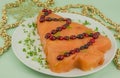 smoked salmon salad christmas tree shape festive food. Royalty Free Stock Photo