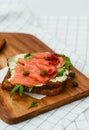Smoked salmon sandwich with cheese, pistachio salad leaves, brown breads