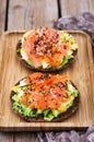 Smoked salmon, scrambled eggs and avocado rye crisp toast