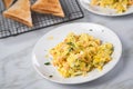 Smoked salmon with scrambled eggs, whole grain bread toast and dill on marble background Royalty Free Stock Photo