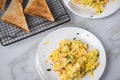 Smoked salmon with scrambled eggs, whole grain bread toast and dill on marble background Royalty Free Stock Photo