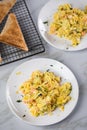 Smoked salmon with scrambled eggs, whole grain bread toast and dill on marble background Royalty Free Stock Photo