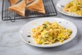 Smoked salmon with scrambled eggs, whole grain bread toast and dill on marble background Royalty Free Stock Photo