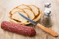 Smoked sausage, bread, salt, pepper and knife on table Royalty Free Stock Photo