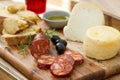 Smoked sausage, cheese, bread and glass Royalty Free Stock Photo