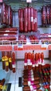 Smoked Sausage, salami, lunch meat products on supermarket shelves. Retail industry and chain. Grocery store. Food price. Product