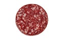 Smoked sausage salami slice isolated on white background with clipping path and full depth of field. Top view. Flat lay Royalty Free Stock Photo