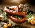 Smoked sausage on a wooden rustic table with addition of fresh aromatic herbs and spices