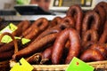 Smoked sausages in baskets with price tags Royalty Free Stock Photo