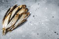 Smoked sprat fishes marinated with spices. Gray background. Top view. Copy space