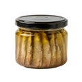 Smoked sprats in olive oil in a glass jar isolated on white background. Traditional baltic fish ingredient for appetizers and