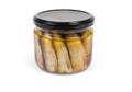 Smoked sprats preserved in vegetable oil in glass jar Royalty Free Stock Photo