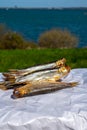 Smoked sprattus or sprats sea fish served outdoor with view on blue sea water