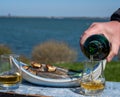 Smoked sprattus or sprats sea fish served outdoor with view on blue sea water