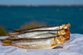 Smoked sprattus or sprats sea fish served outdoor with view on blue sea water