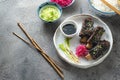 Smoked sticky beef short ribs with radish and rice, copy space Royalty Free Stock Photo