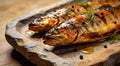 Smoked trout with spices on a stone tray. Royalty Free Stock Photo