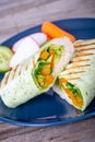 Smoked turkey meat  in a pesto wrap tortilla sandwiches Royalty Free Stock Photo