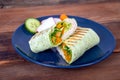 Smoked turkey meat  in a pesto wrap tortilla sandwiches Royalty Free Stock Photo