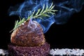Smoked veal loin with sesame and rosemary on a bed of salt and dark background