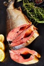 Smoked wild salmon cut in steaks, top view Royalty Free Stock Photo