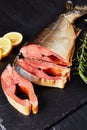 Smoked wild salmon cut in steaks, close-up Royalty Free Stock Photo