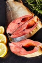 Smoked wild salmon cut in steaks, vertical view Royalty Free Stock Photo