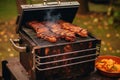 smoker with open lid revealing perfectly cooked ribs