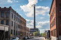 smokestack belching out black smoke in the factory district