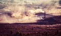 Smokestack Factory with black smoke over the sky with cloud when sunset time, industry and pollution concept Royalty Free Stock Photo