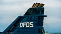 Smokestack with logo on a large DFDS ferry docked in Copenhagen