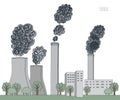 Smokestack on white background. Illustration of air pollution caused by black fume from factory and plant pipe, tube
