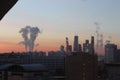 Smokestacks in Moscow. Sunset. Air pollution.