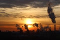 Smokestacks in Moscow. Sunset. Air pollution.